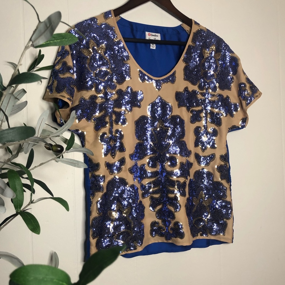 Cute Blue Sequin Work Shirt Size Extra Small